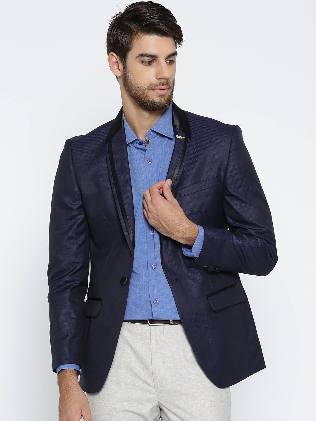 

Park Avenue Navy Patterned Slim Fit Single-Breasted Party Blazer, Navy blue