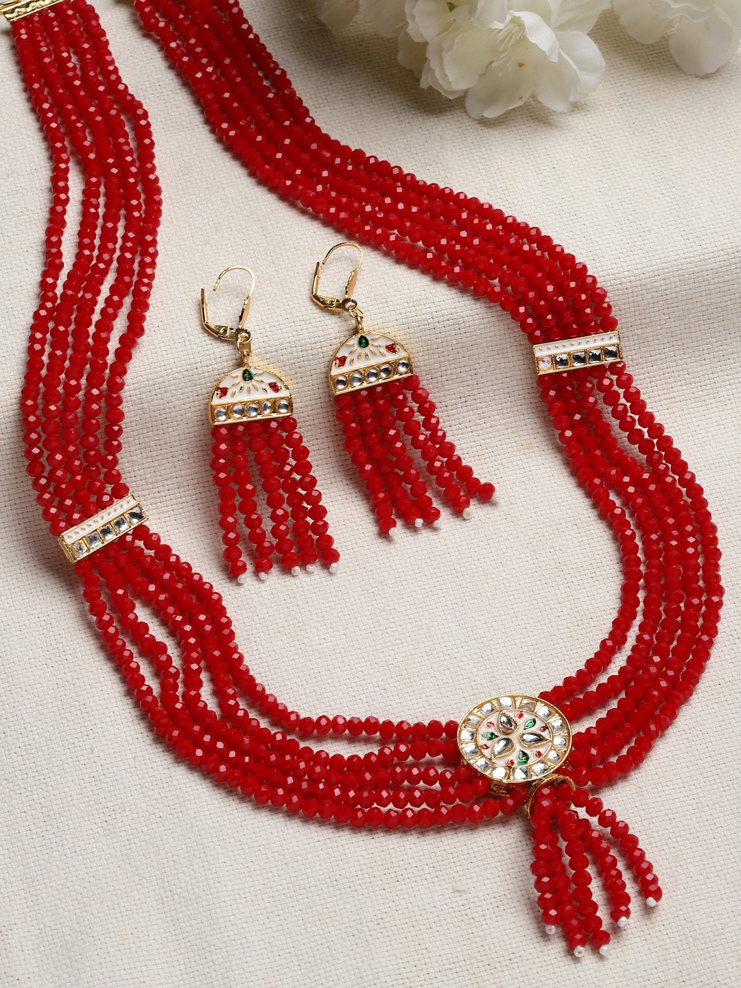 

PANASH Gold-Plated Kundan-Studded Beaded Layered jewellery Set, Red