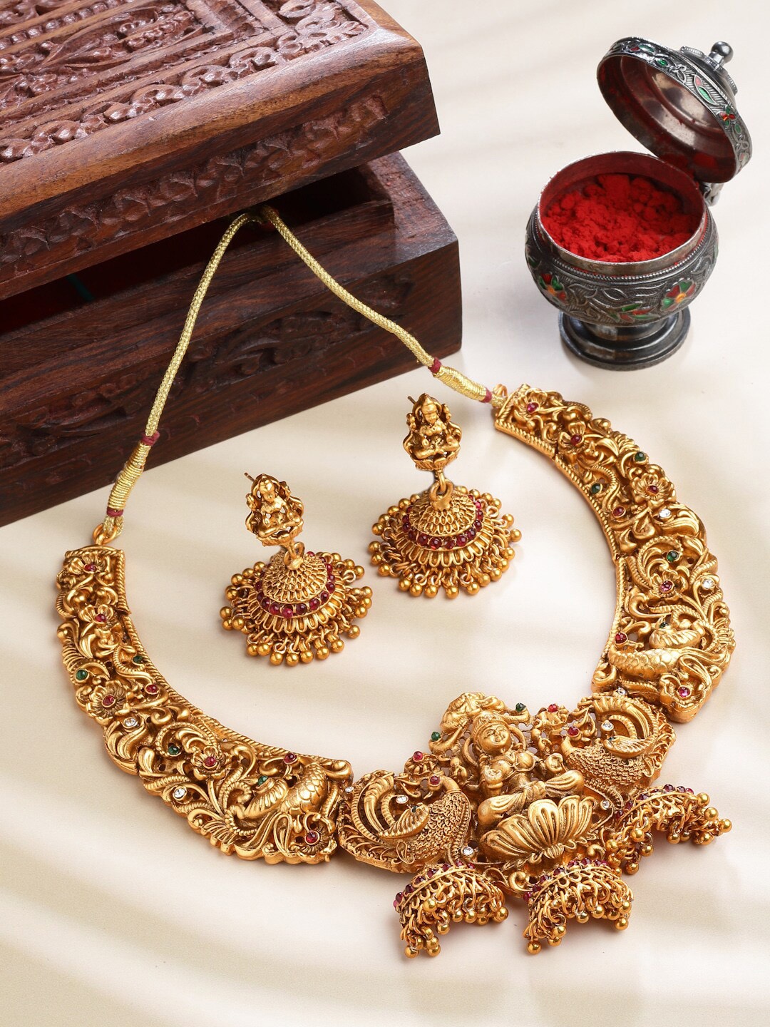 

PANASH Gold-Plated Red & Green Stone-Studded Temple Jewellery Set