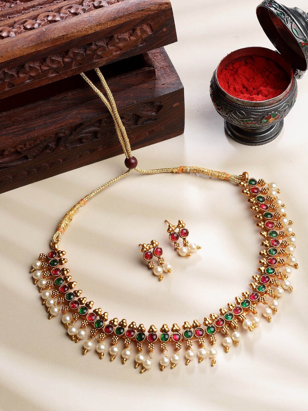 

PANASH Stone-Studded Pearl Choker Jewellery Set, Green