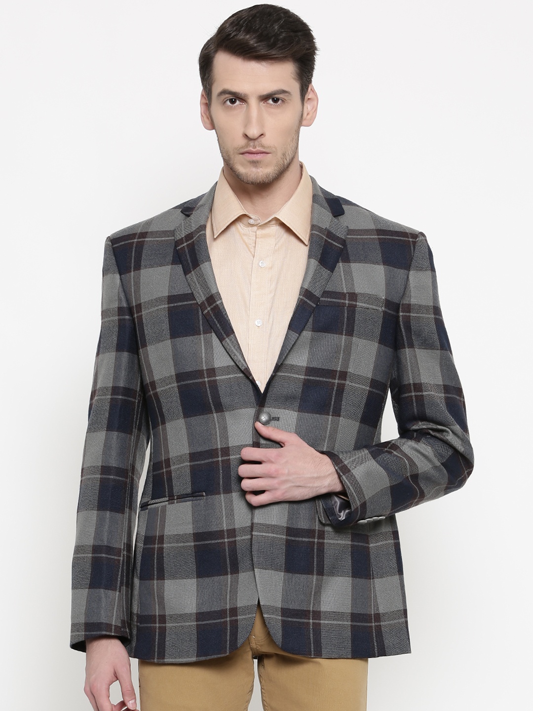 

Park Avenue Navy & Grey Slim Fit Single-Breasted Casual Blazer, Navy blue