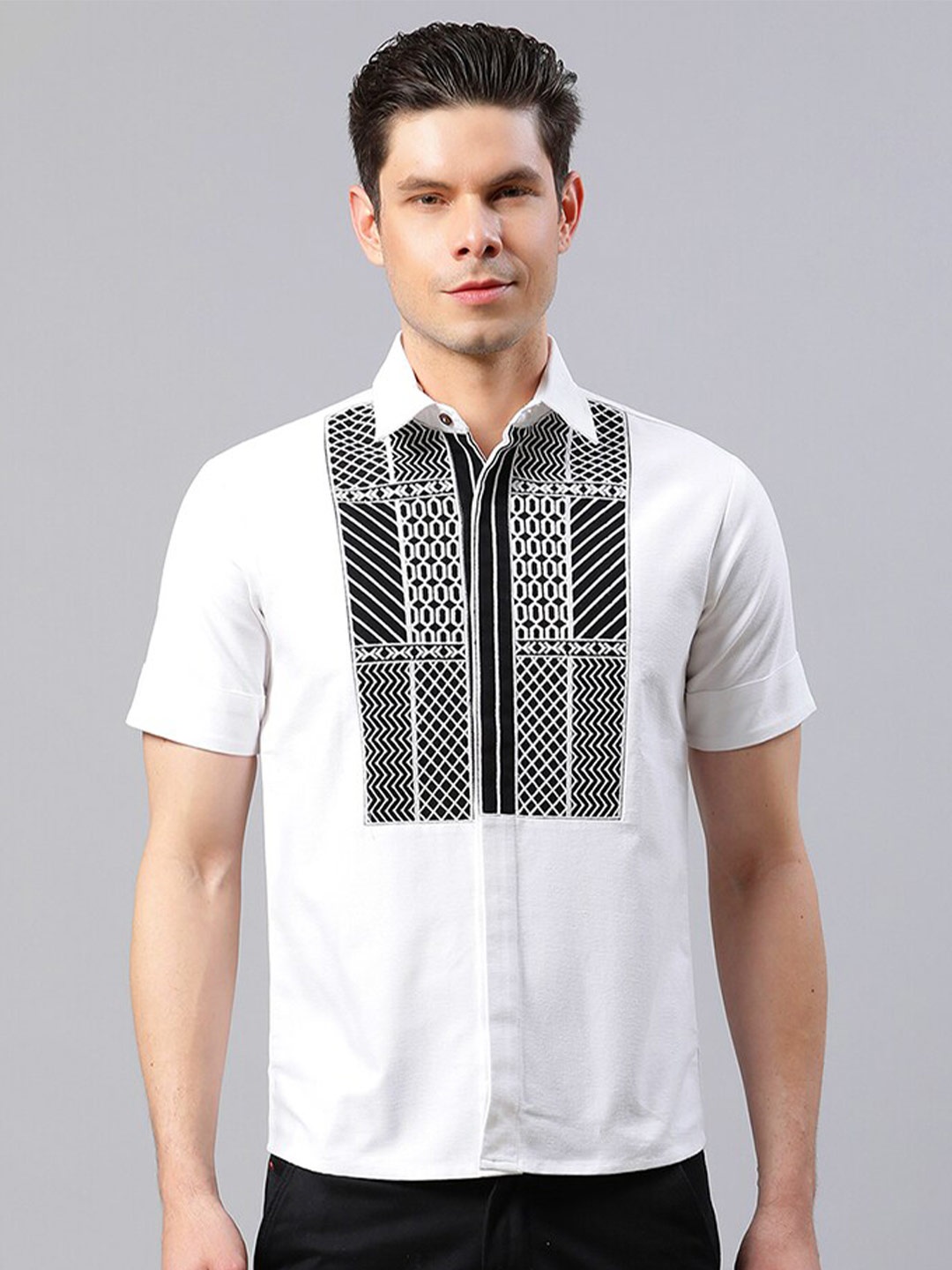 

HOUSE OF S Men Straight Slim Fit Yoke Embroidered Cotton Casual Shirt, White