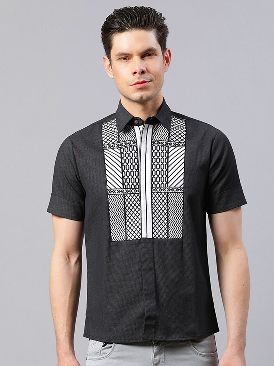 

HOUSE OF S Men Straight Slim Fit Yoke Embroidered Cotton Casual Shirt, Black