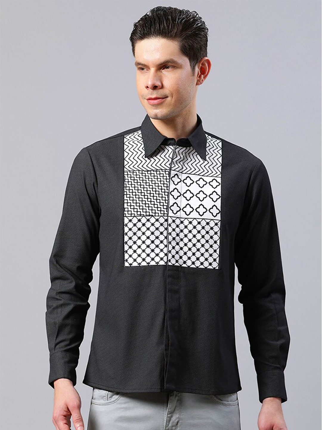 

HOUSE OF S Men Straight Yoke Embroidered Cotton Casual Shirt, Black