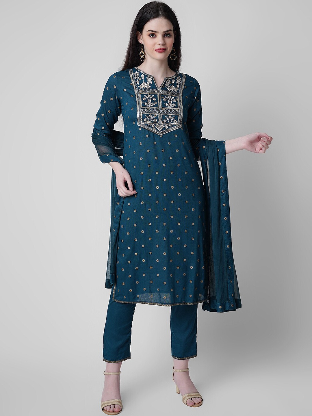 

KALINI Women Floral Embroidered Thread Work Notch Neck Kurta with Trousers & Dupatta, Navy blue