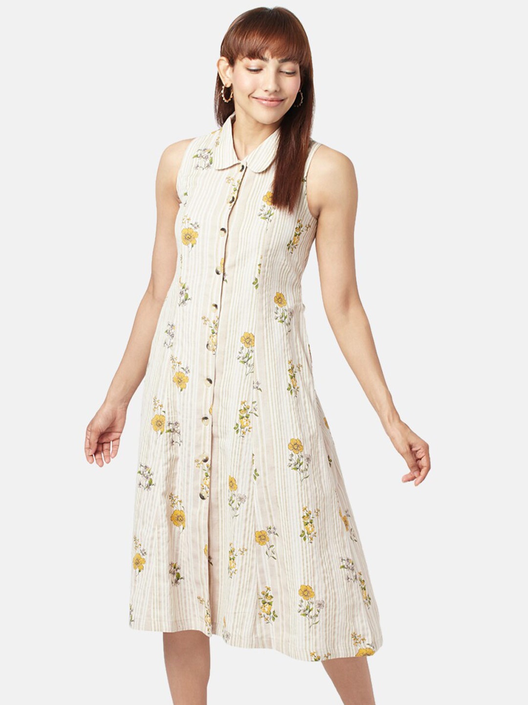 

AKKRITI BY PANTALOONS Floral Printed Sleeveless Midi Cotton Dress, Beige