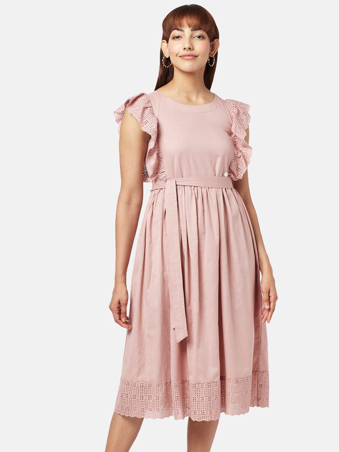 

AKKRITI BY PANTALOONS Flutter Sleeves Belted Fit & Flare Dress, Peach