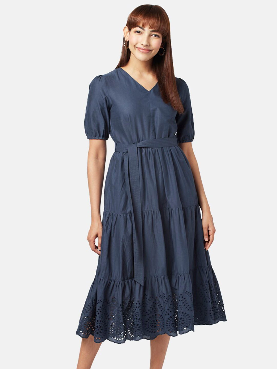 

AKKRITI BY PANTALOONS Tiered Lace Cotton Midi Dress, Navy blue