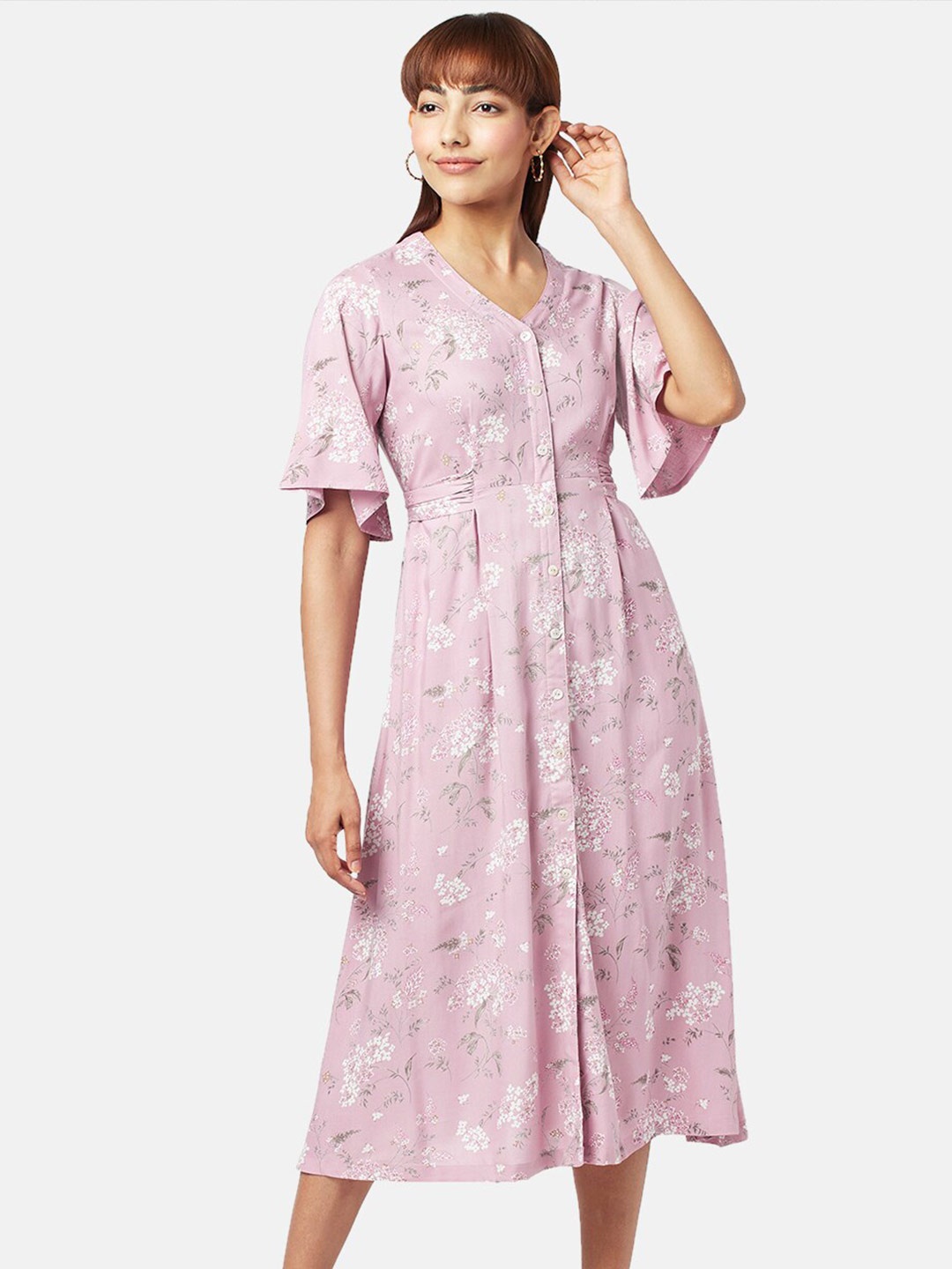 

AKKRITI BY PANTALOONS Floral Shirt Midi Dress, Mauve