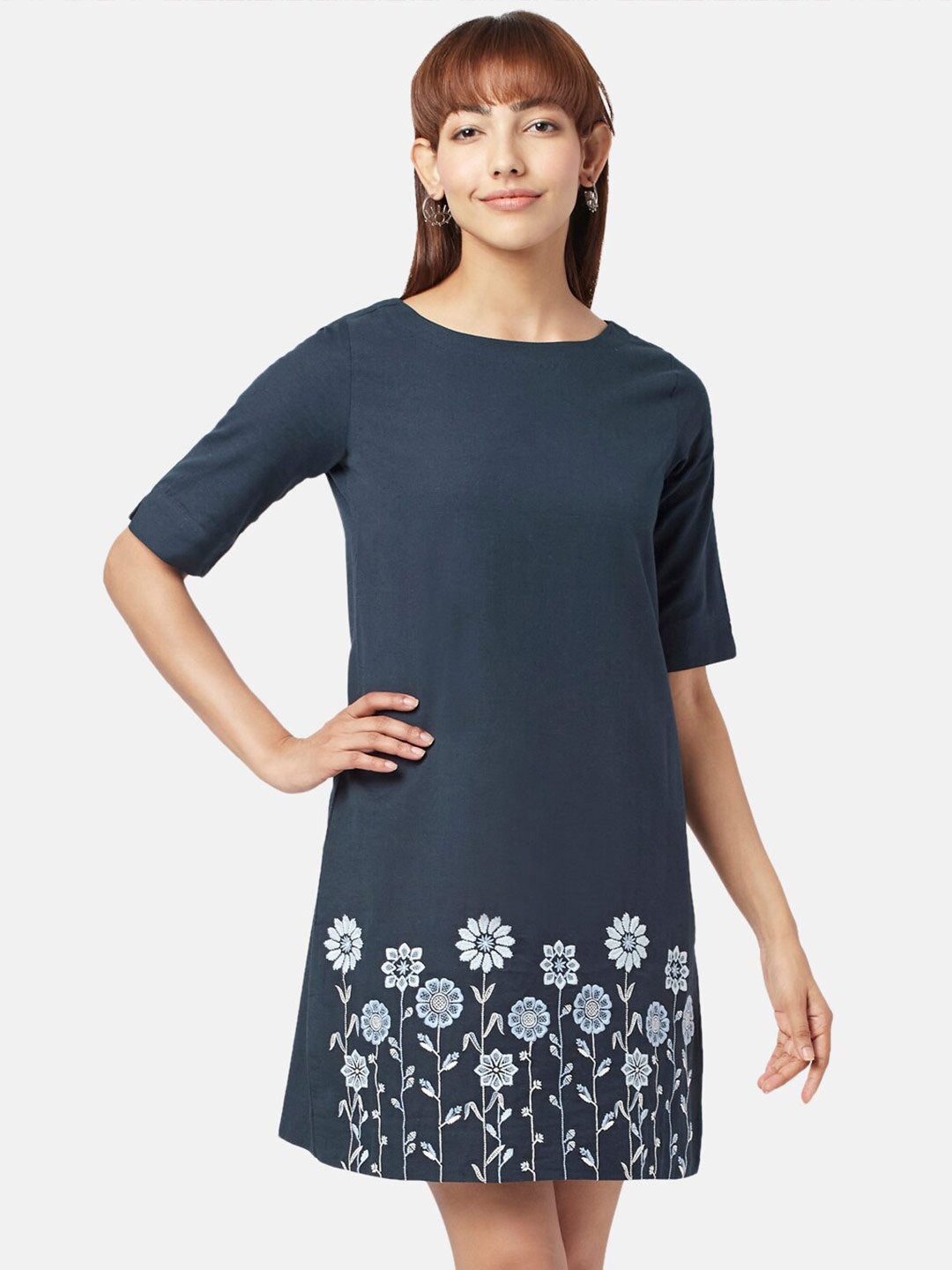 

AKKRITI BY PANTALOONS Floral A-Line Cotton Dress, Blue