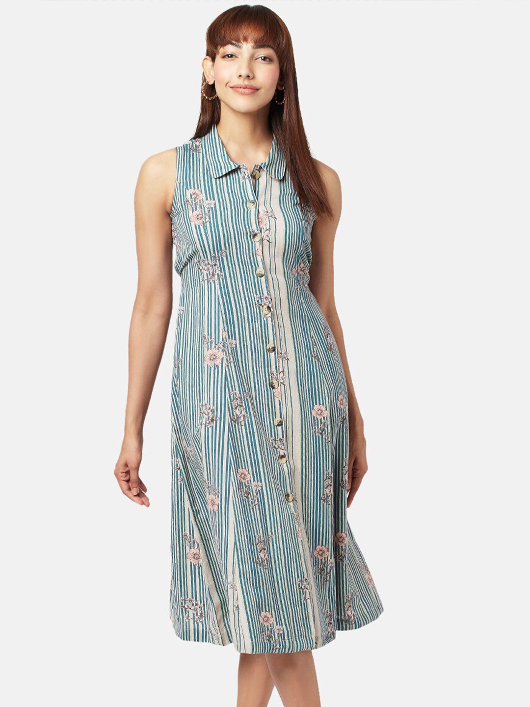 

AKKRITI BY PANTALOONS Striped Shirt Midi Dress, Teal