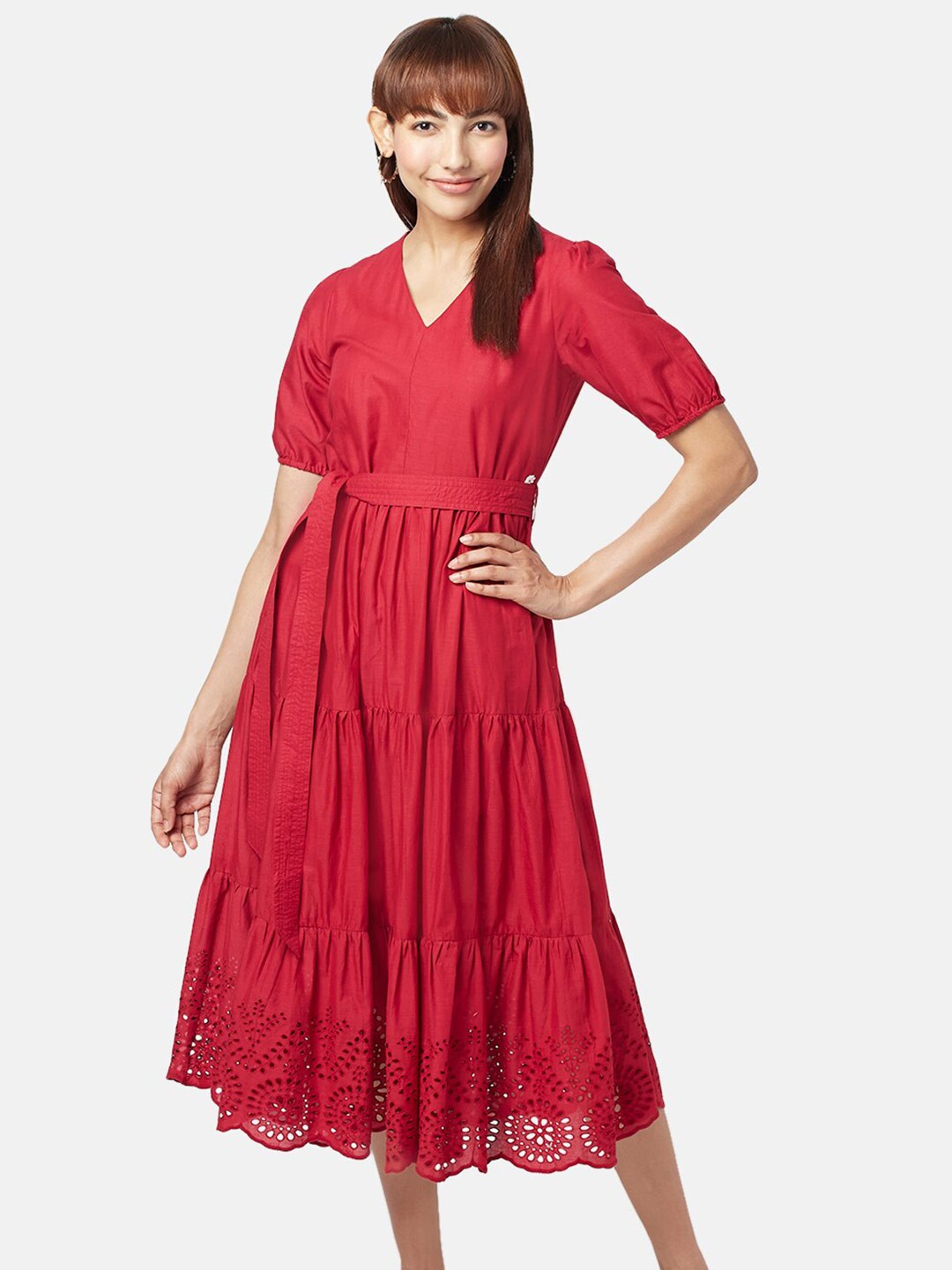

AKKRITI BY PANTALOONS Tiered Lace Cotton Midi Dress, Red