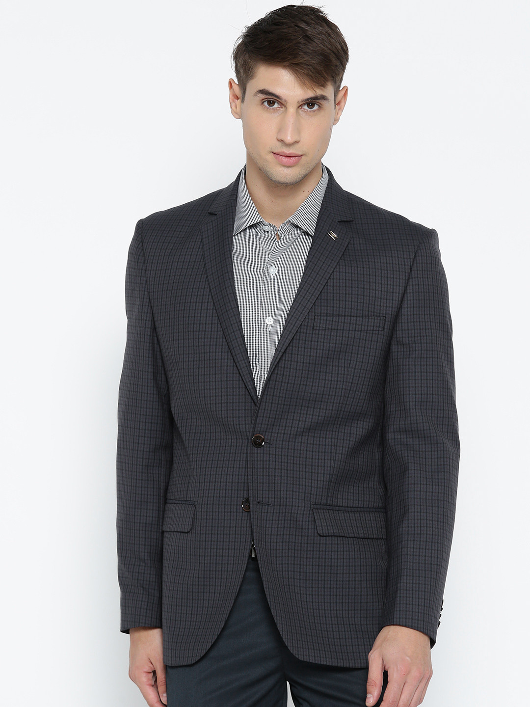

Park Avenue Men Charcoal Grey Checked Single-Breasted Slim Fit Formal Blazer