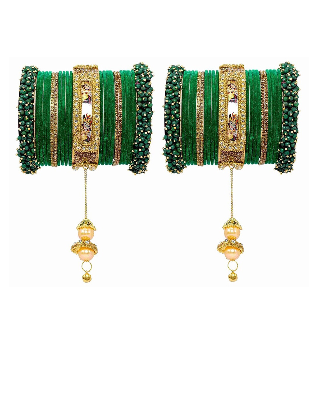 

NMII Set Of 46 Radha Krishna Latkan Zircon Velvet Bangles, Green