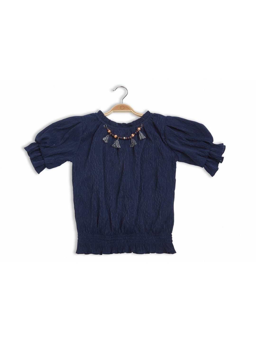 

Peppermint Girls Round Neck Puff sleeves Top, Navy blue