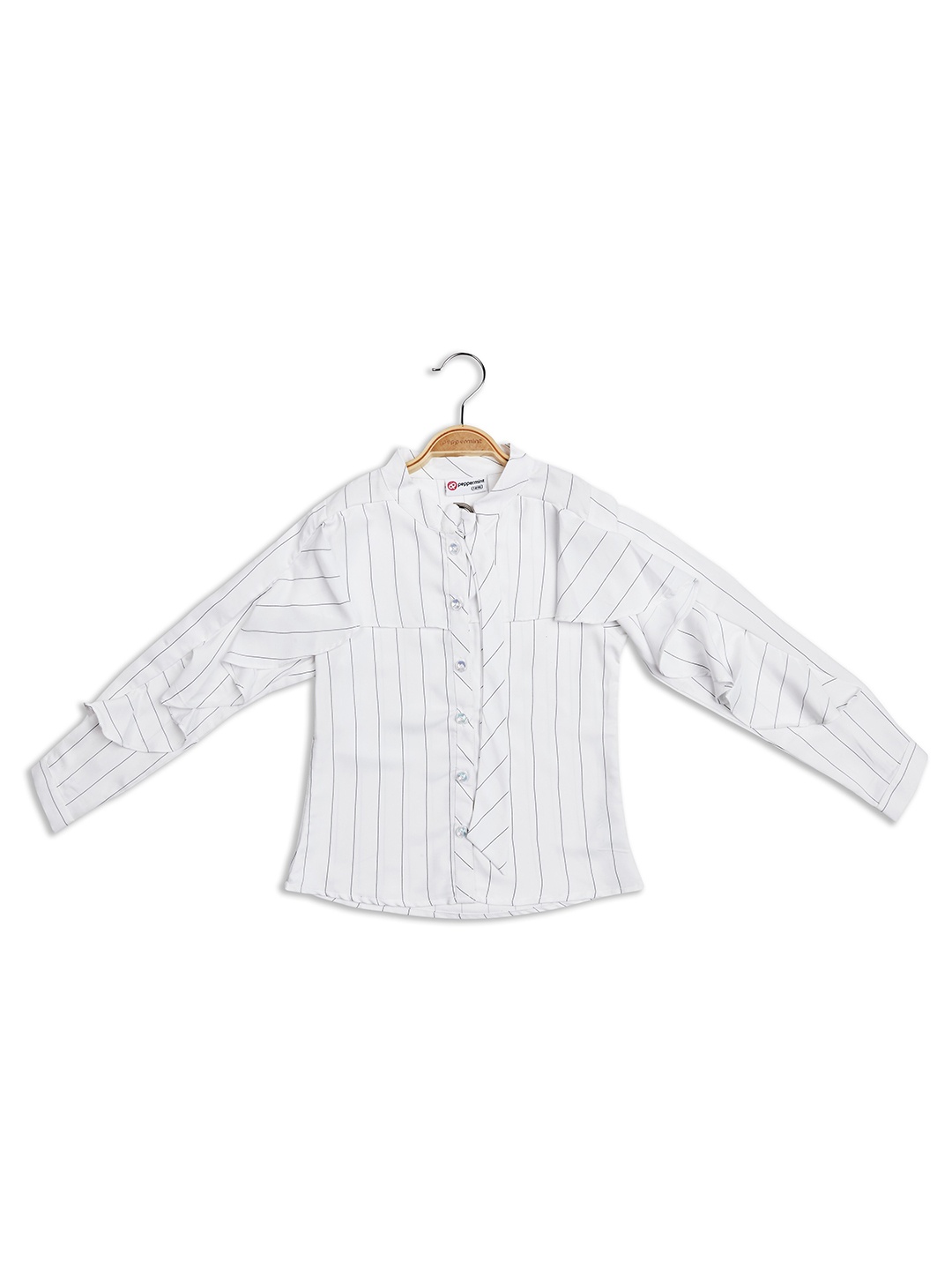 

Peppermint Striped Tie-Up Neck Ruffles Shirt Style Top, White