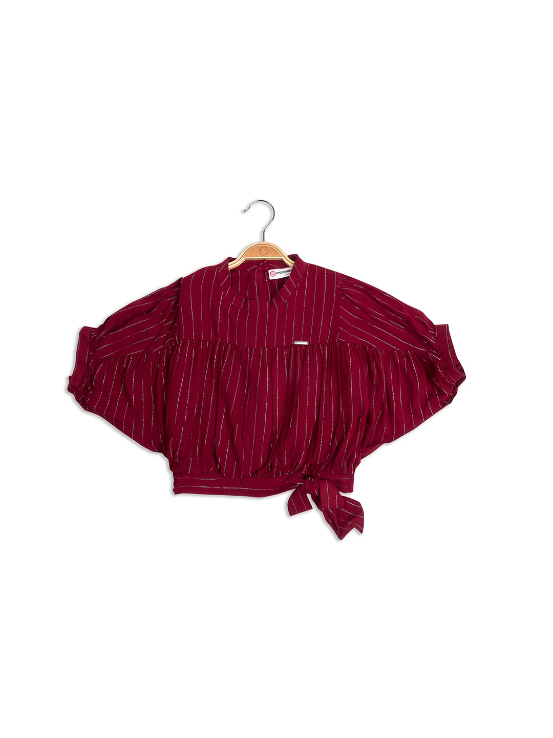 

Peppermint Striped Mandarin Collar Tiered Top, Maroon