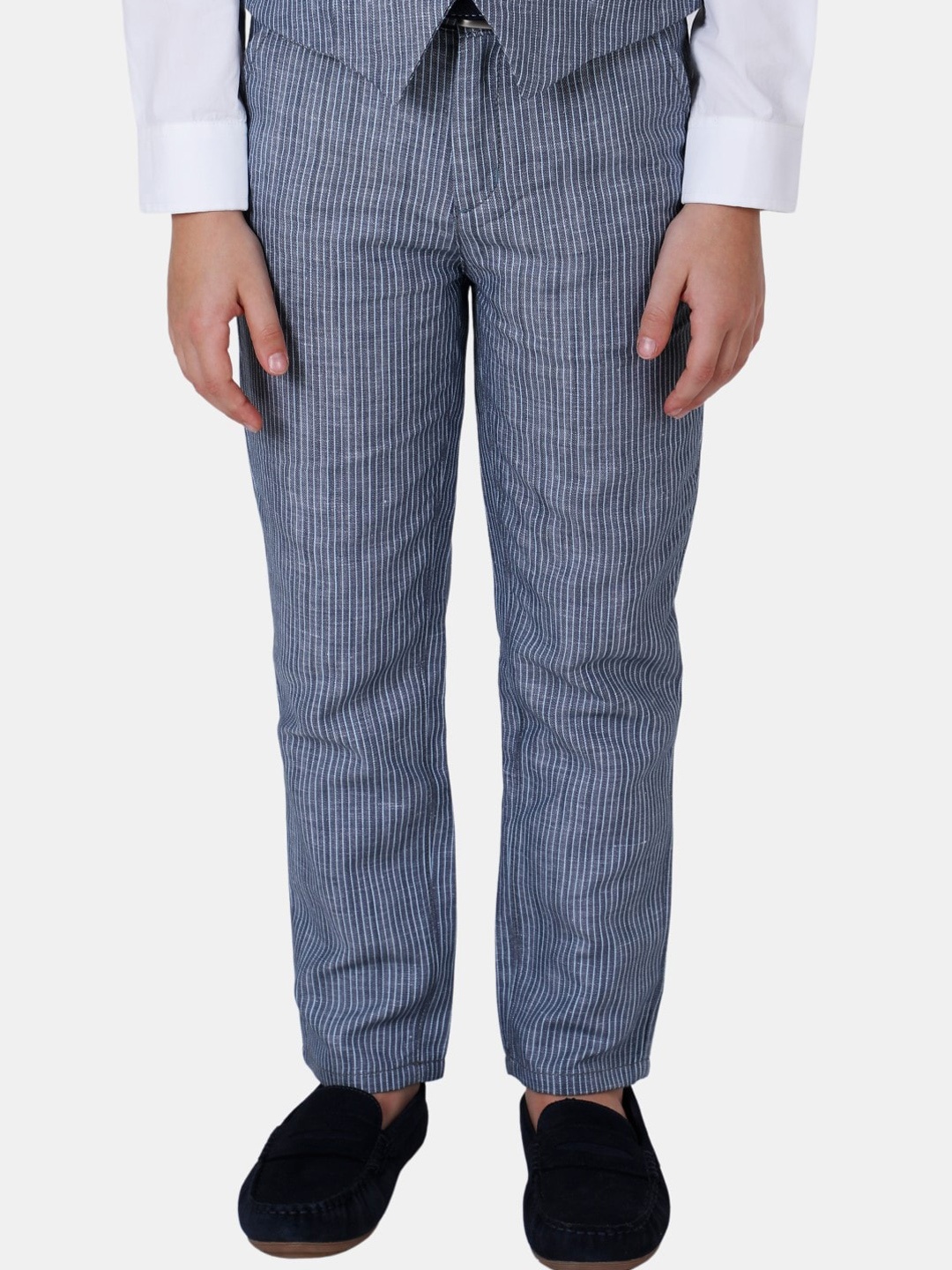 

One Friday Kids Boys Striped Mid Rise Cotton Relaxed Trousers, Blue