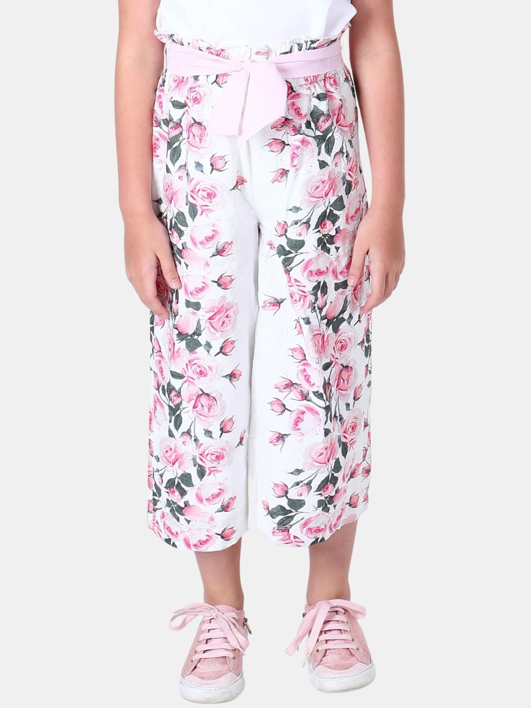 

One Friday Girls Cotton Floral Printed Relaxed Culottes Trousers, White