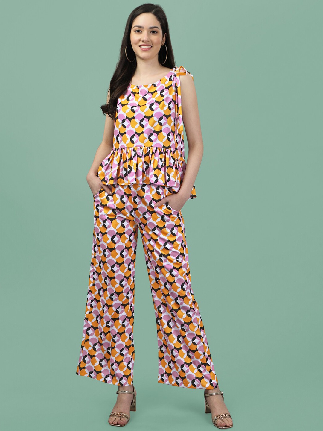 

Masakali.Co Women Geometric Printed Top & Trousers Co-Ords, Orange
