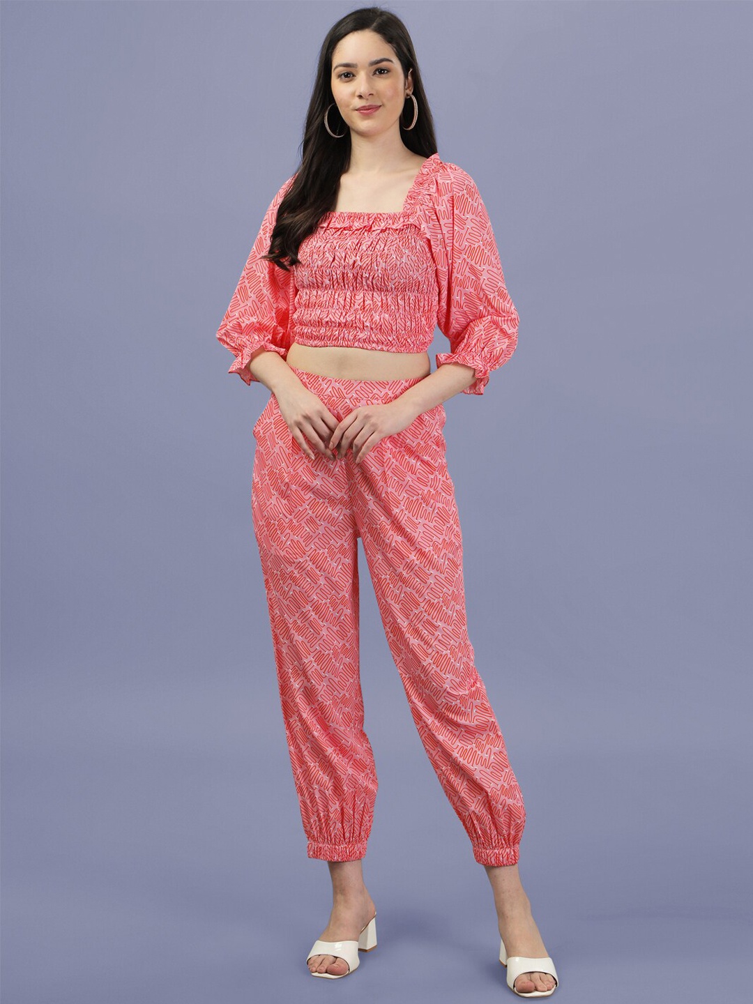 

Masakali.Co Women Printed Top & Trouser Co-Ord, Peach