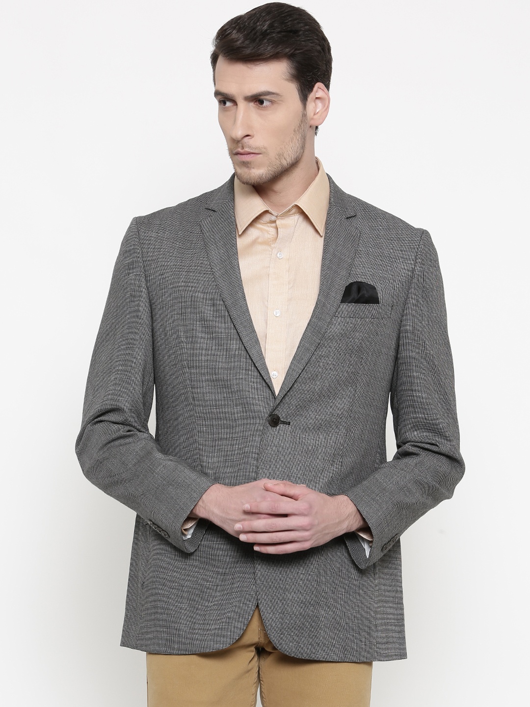 

Park Avenue Men Black & Grey Woollen Slim Fit Checked Formal Blazer