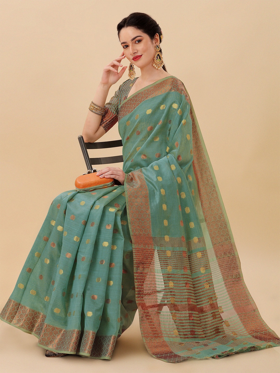

KALINI Woven Design Zari Silk Blend Banarasi Saree with Blouse Piece, Green