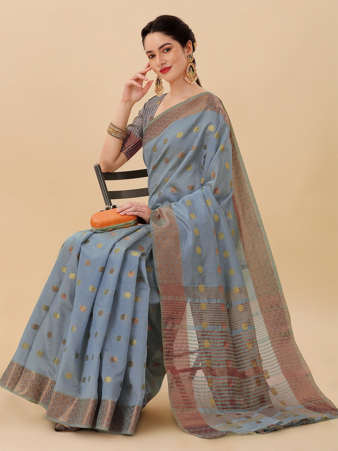 

KALINI Woven Design Zari Silk Blend Banarasi Saree, Grey