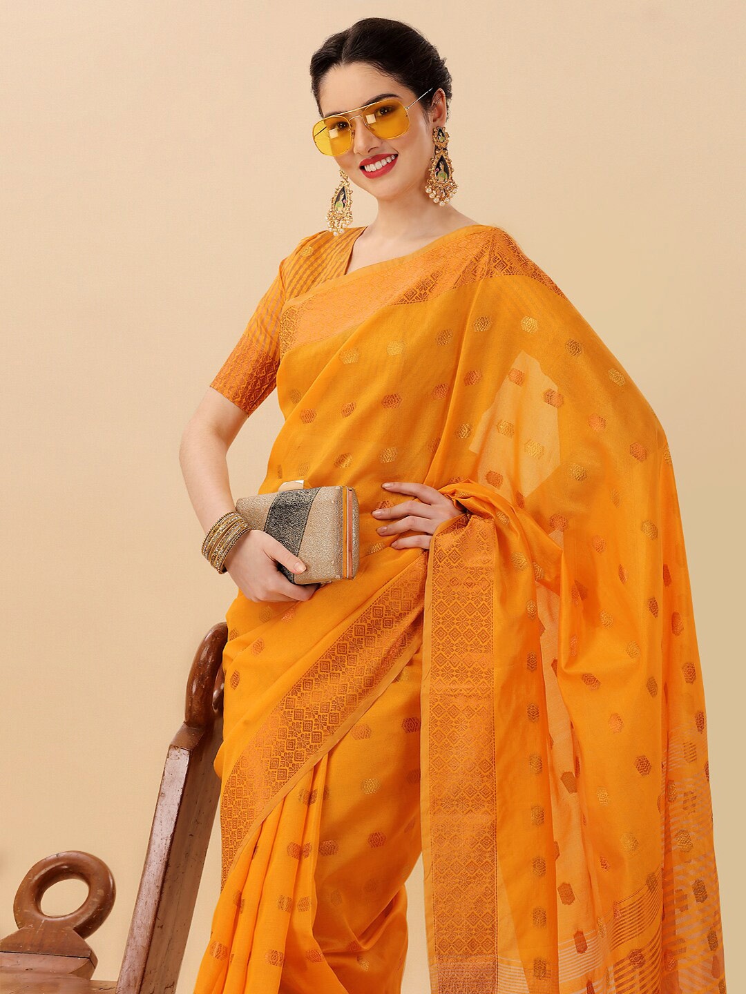 

KALINI Woven Design Zari Silk Blend Banarasi Saree, Mustard