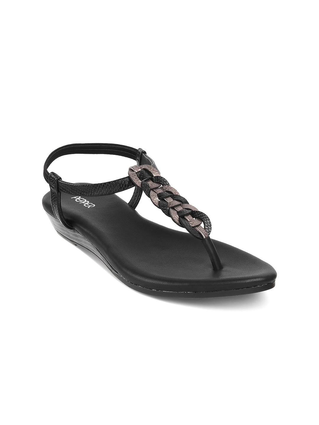 

PEPPER Women Textured T-Strap Flats, Black
