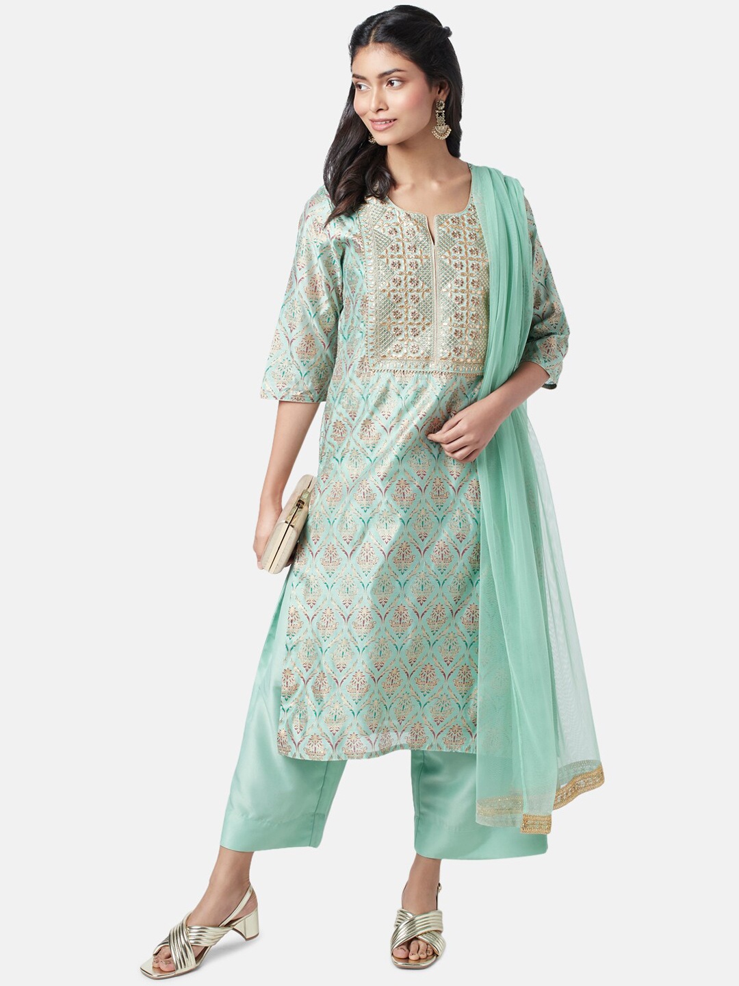 

RANGMANCH BY PANTALOONS Women Printed Notch Neck Kurta with Palazzos & Dupatta, Sea green