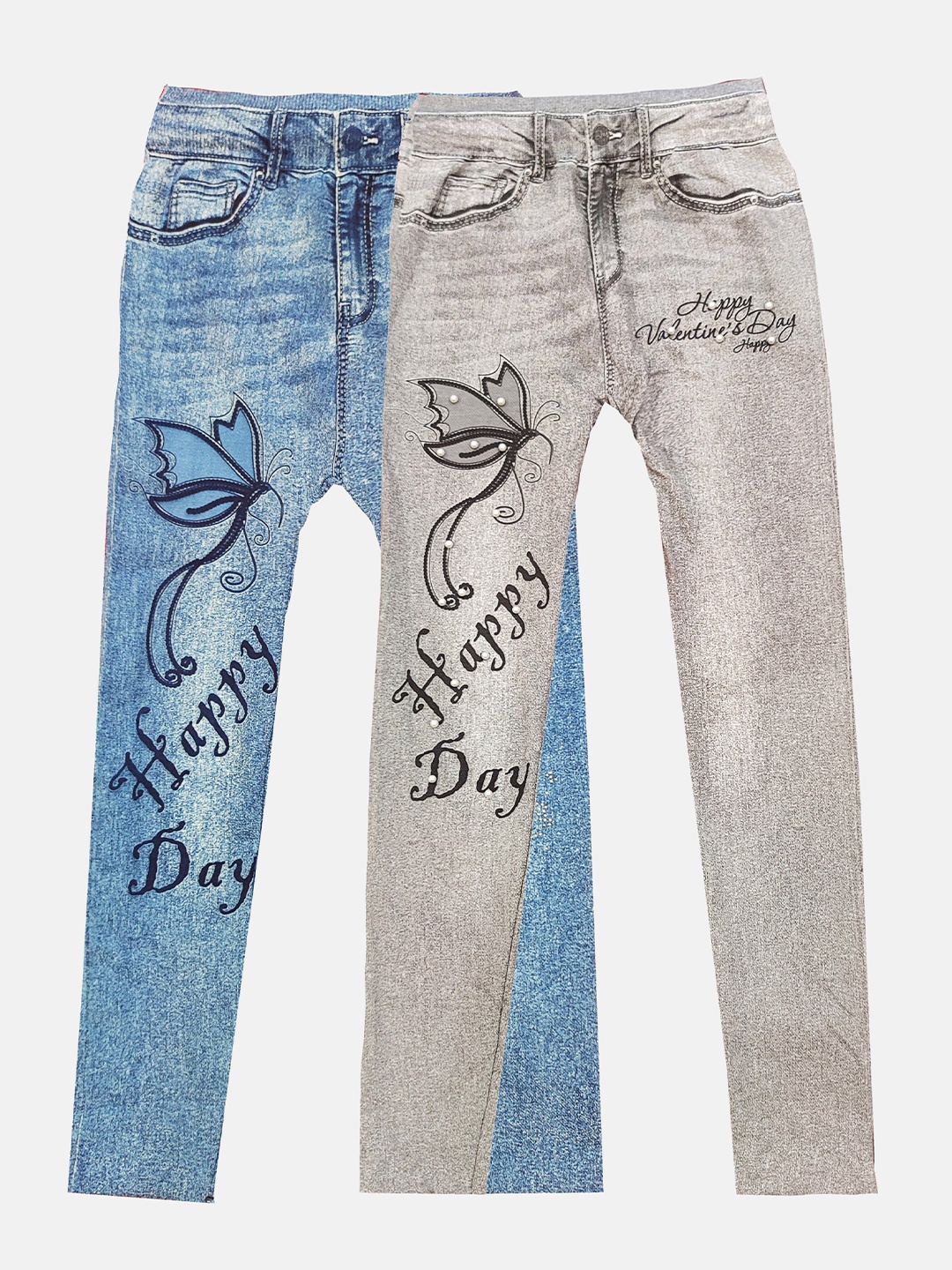 

PINVE Girls Pack Of 2 Slim Fit Printed Jeggings, Blue