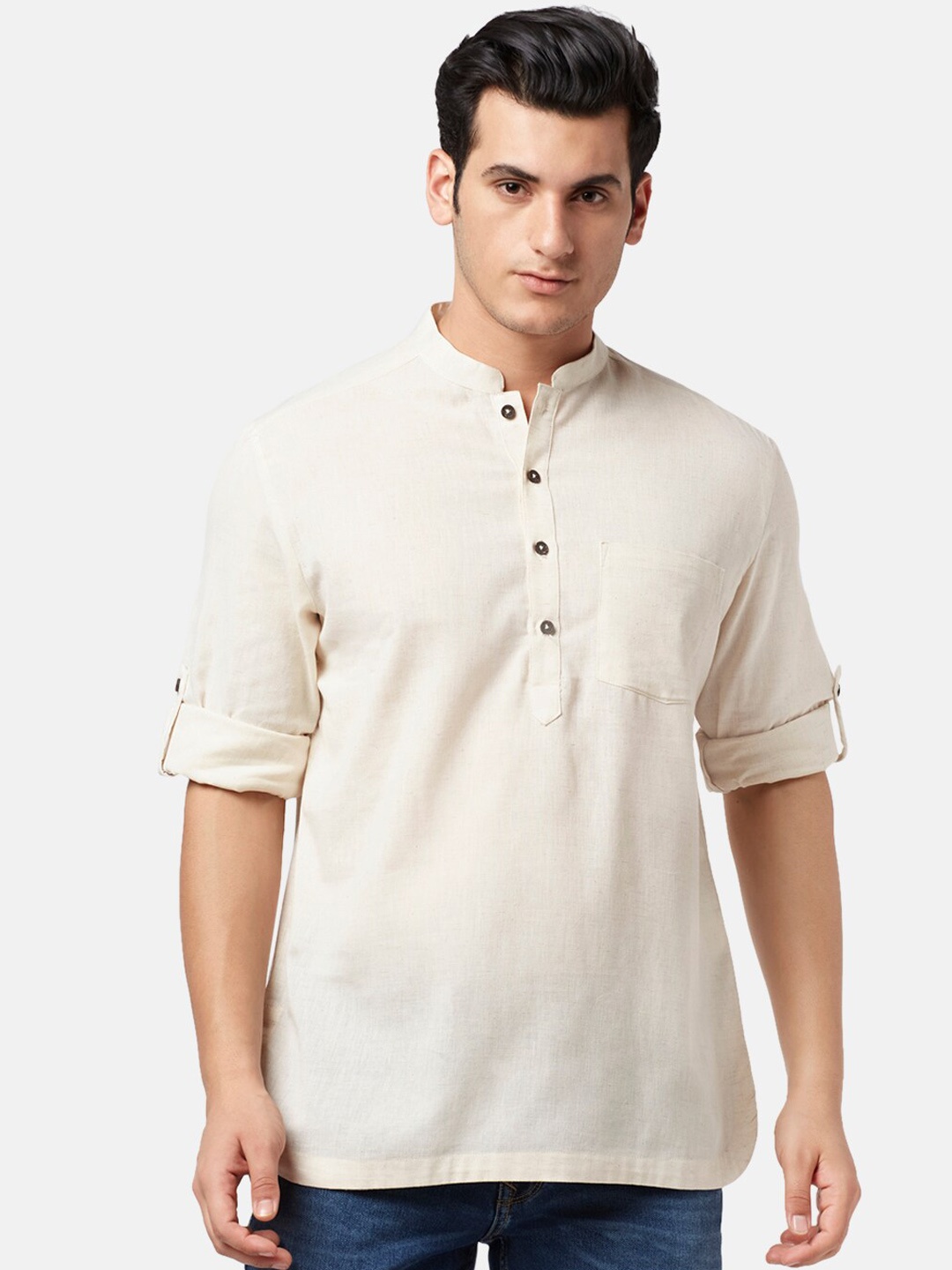 

indus route by Pantaloons Men Mandarin Collar Cotton Kurta, Cream