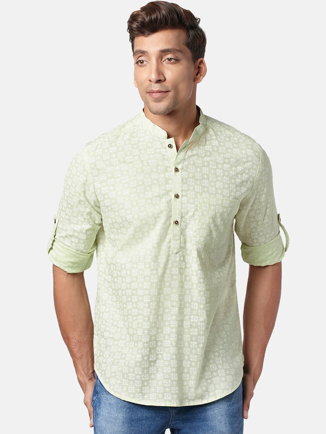 

indus route by Pantaloons Men Ethnic Motifs Printed Indie Prints Cotton Kurta, Green