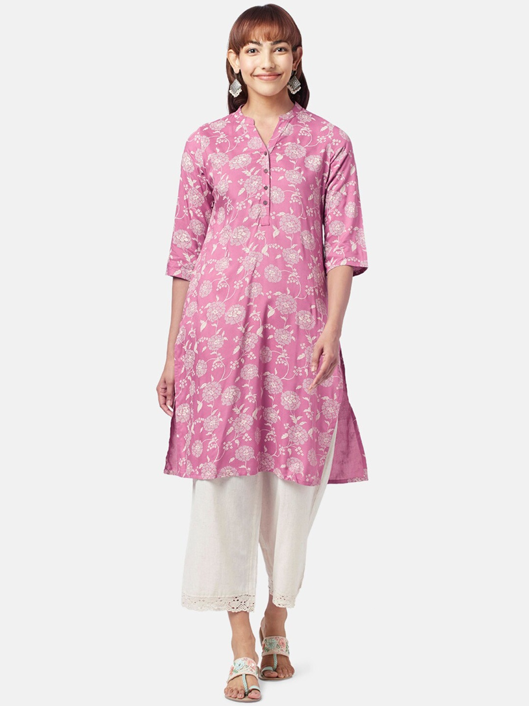 

RANGMANCH BY PANTALOONS Floral Printed Mandarin Collar Straight Kurta, Lavender