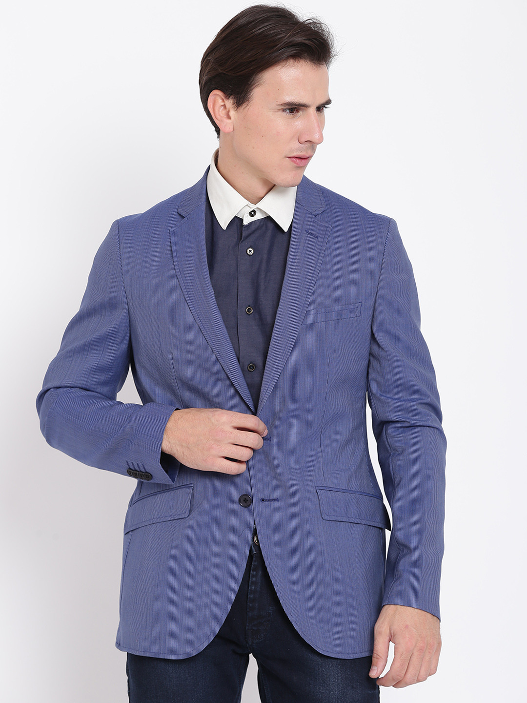 

Raymond Blue Single-Breasted Self-Striped Slim Fit Woollen Casual Blazer