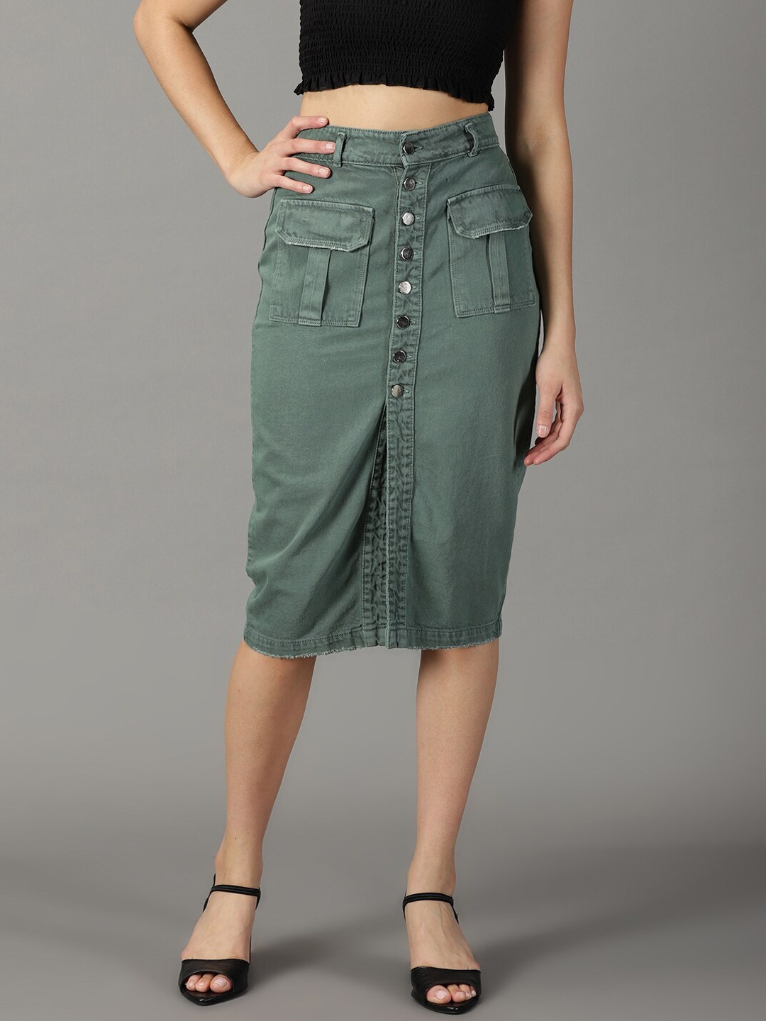 

SHOWOFF Midi Pencil Denim Skirt, Green