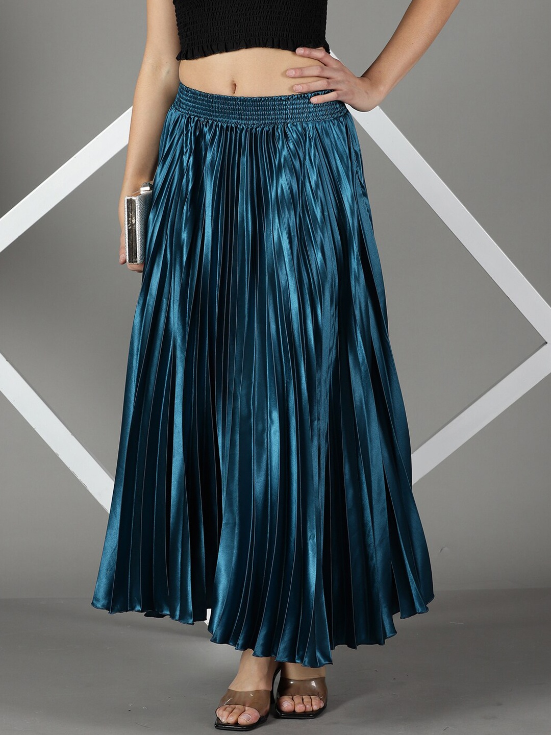 

SHOWOFF Accordion Pleated Satin Flared Midi Skirt, Teal