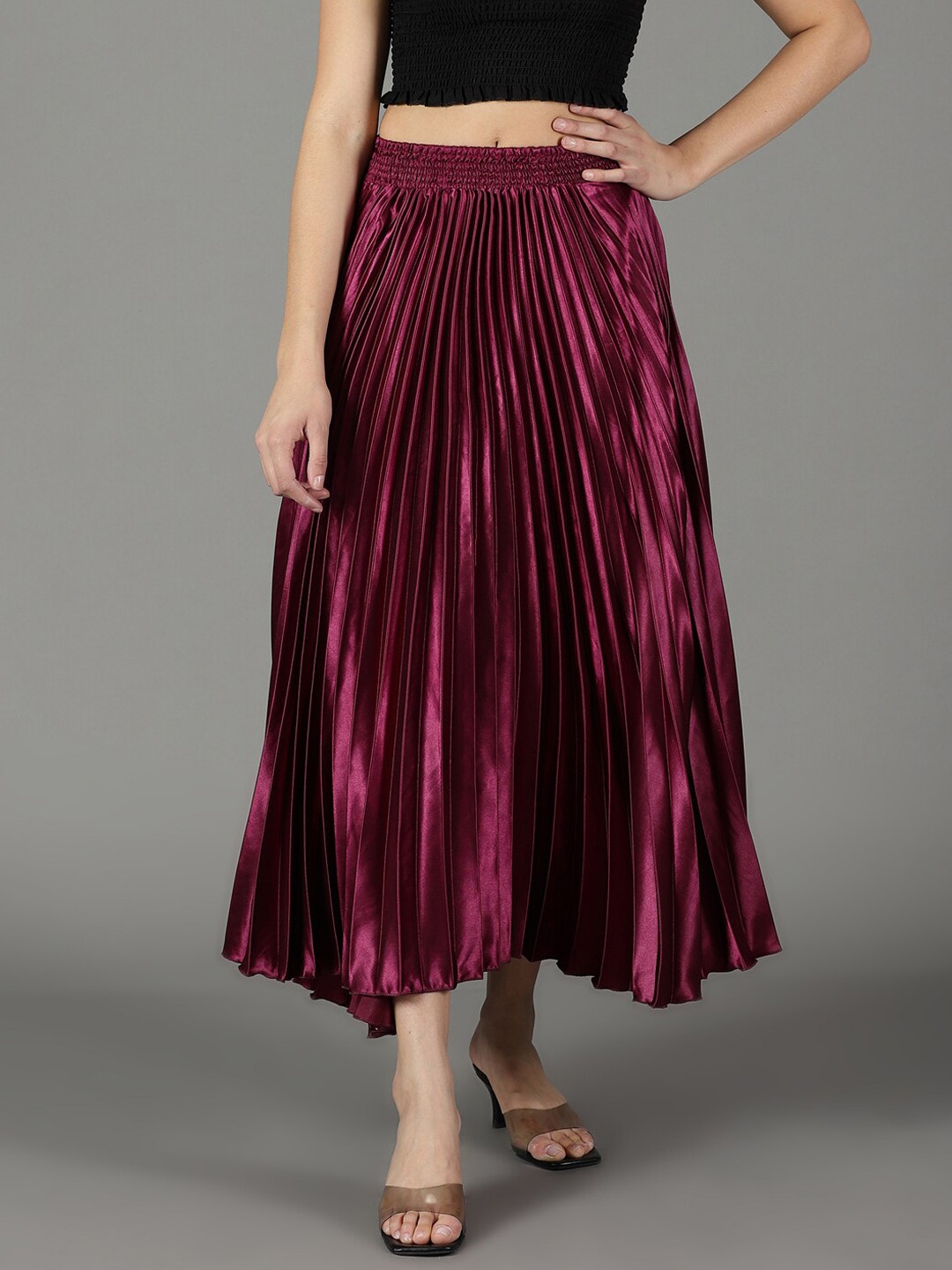 

SHOWOFF Accordion Pleated Flared Satin Midi Skirt, Purple