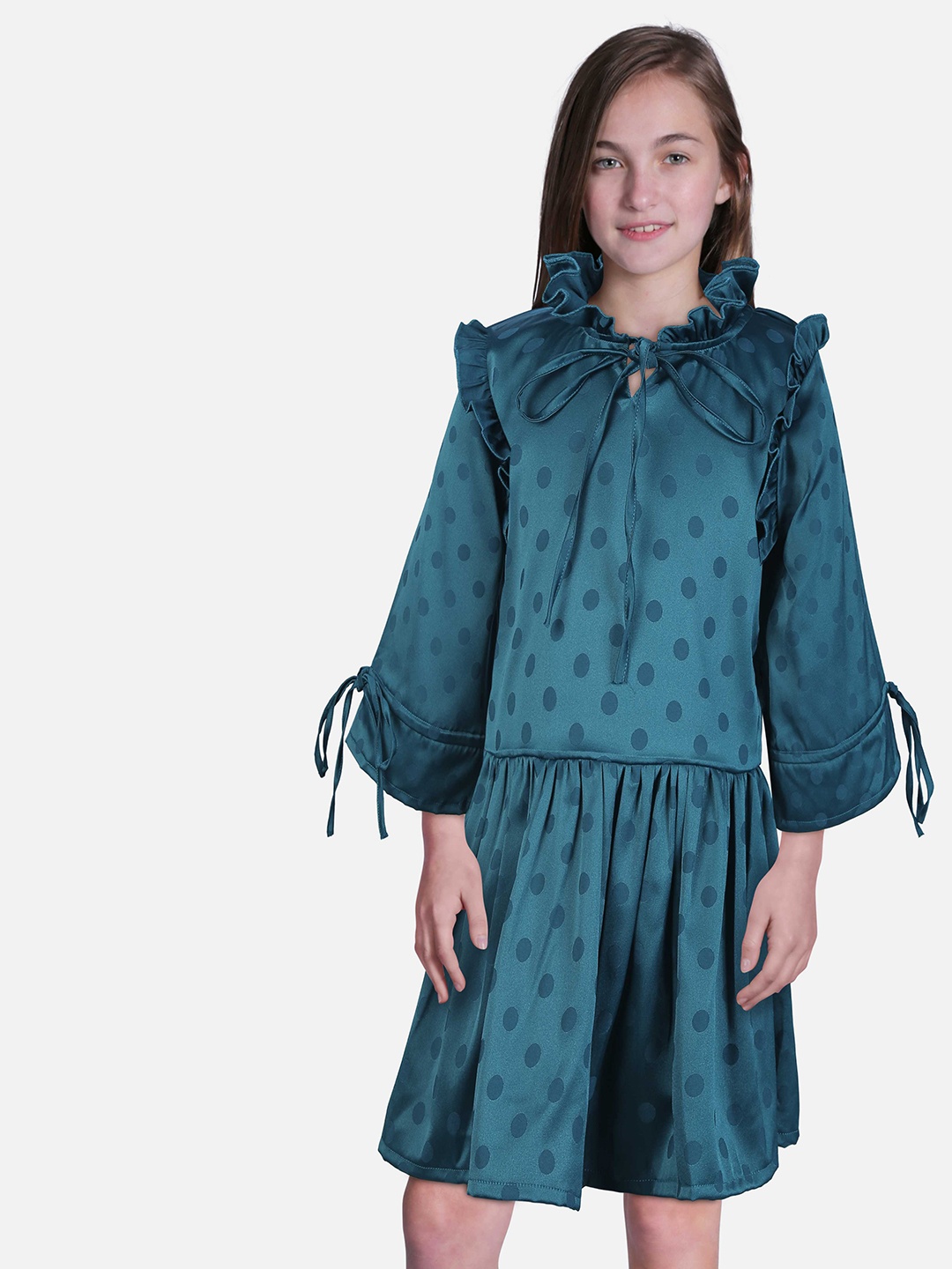 

Gini and Jony Girls Polka Dots Printed Keyhole Neck Dress, Teal
