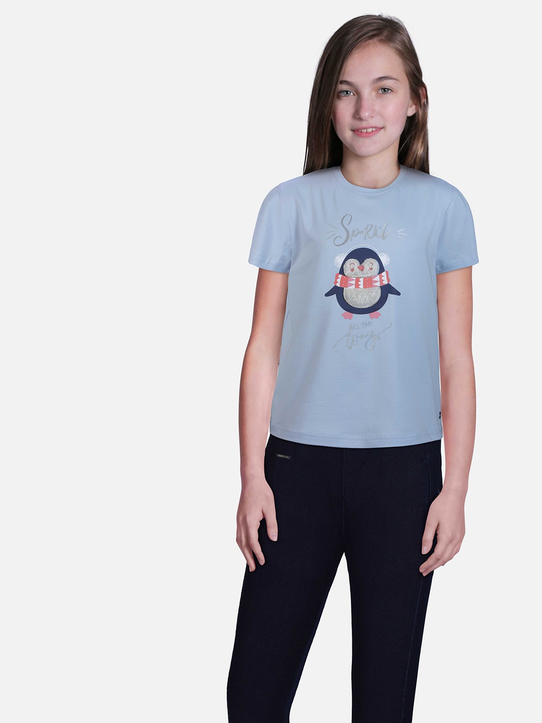 

Gini and Jony Girls Typography Printed Short Sleeves Cotton Top, Blue