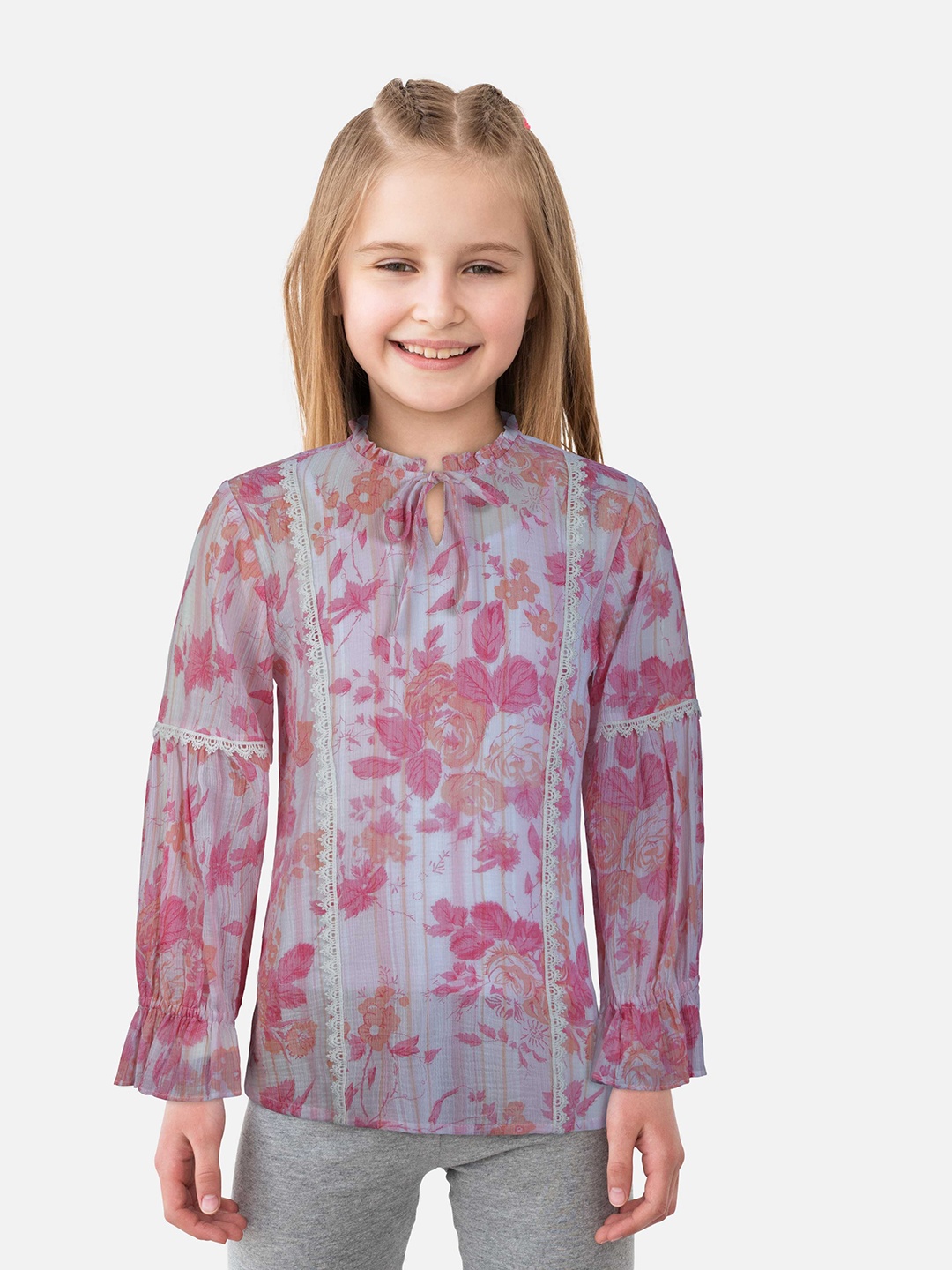 

Gini and Jony Floral Print Tie-Up Neck Top, Pink