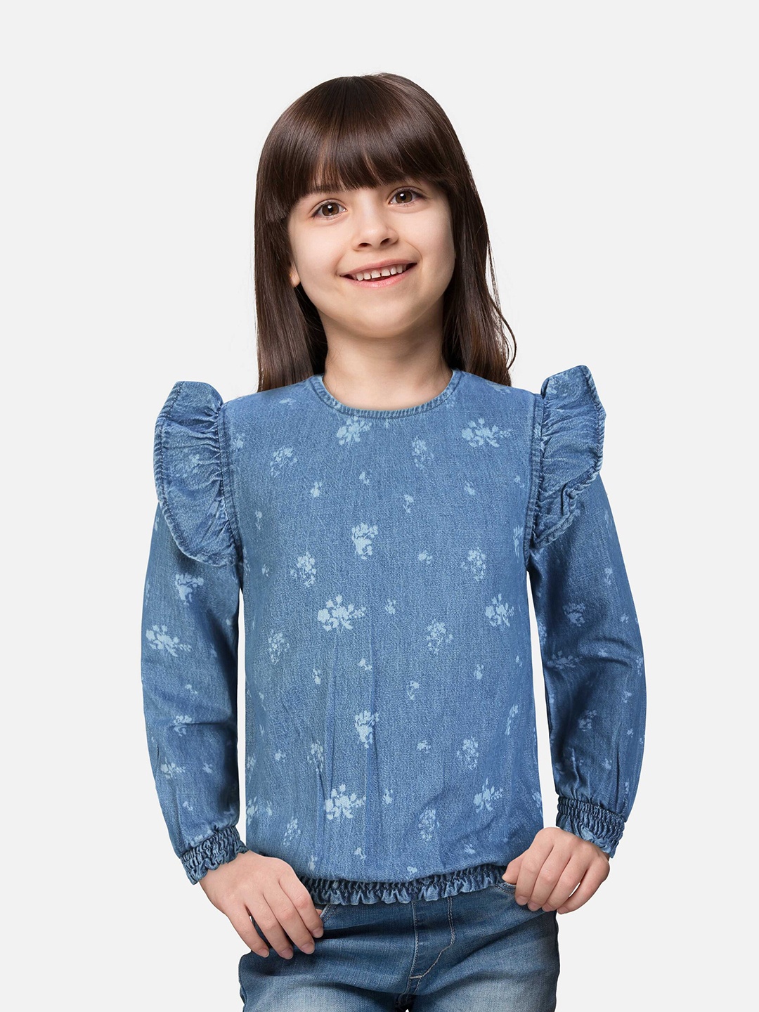 

Gini and Jony Floral Print Ruffles Blouson Cotton Top, Blue