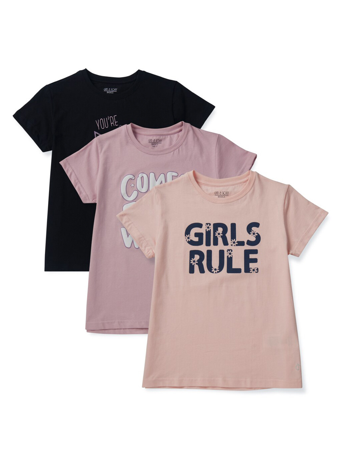 

Gini and Jony Girls Pack Of 3 Typography Printed Cotton Tops, Peach