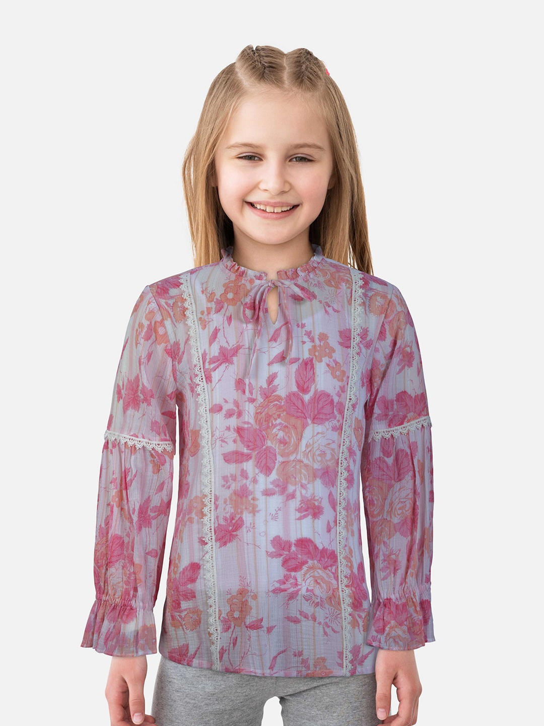 

Gini and Jony Girls Floral Print Tie-Up Neck Cotton Top, Pink