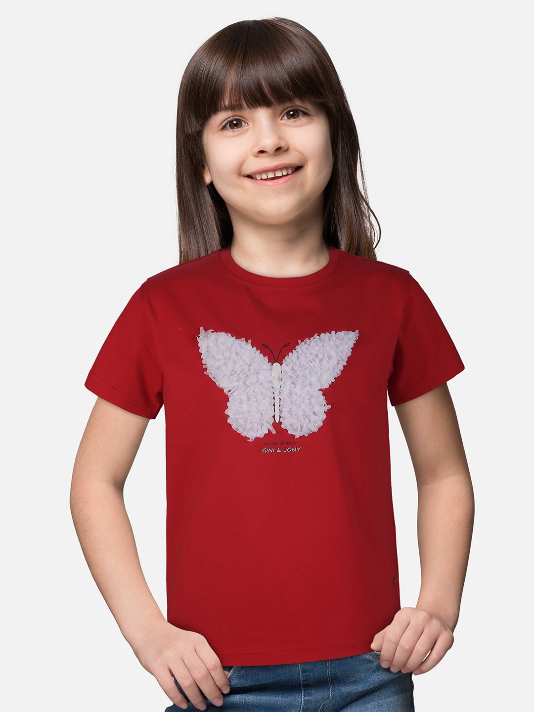 

Gini and Jony Girls Round Neck Butterfly Applique Top, Red