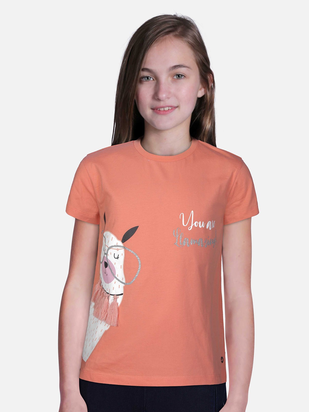 

Gini and Jony Girls Round Neck Graphic Printed Cotton Tshirt, Orange