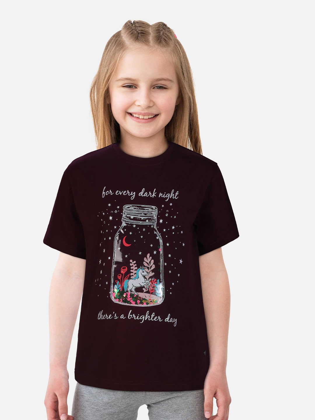 

Gini and Jony Girls Printed Cotton T-Shirt, Maroon