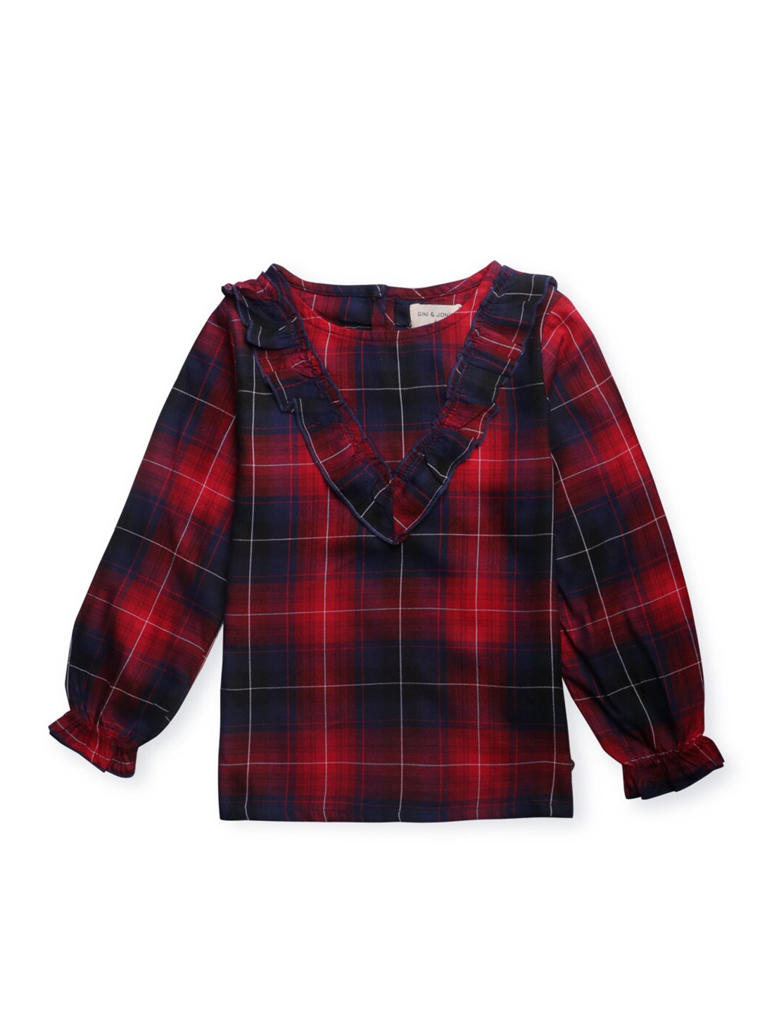 

Gini and Jony Girls Checked Bishop Sleeves Ruffles Top, Maroon