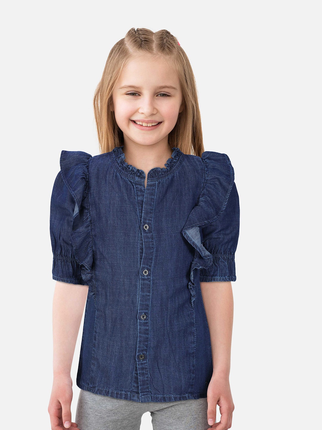 

Gini and Jony Girls Ruffled Round Neck Cotton Top, Navy blue